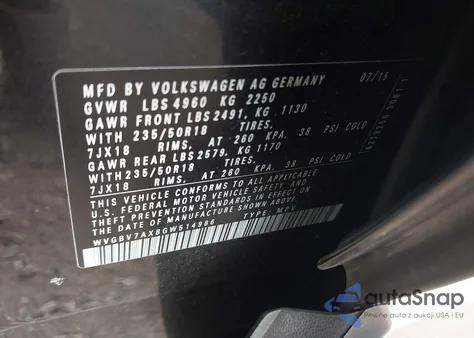 2016 Volkswagen Tiguan S/Se/Sel/R-Line из США, поврежденный, VIN WVGBV7AX8GW514986